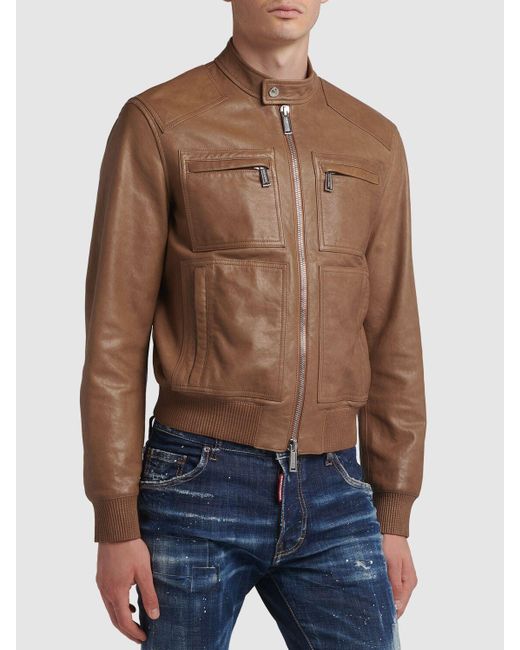 DSquared² Brown Rocco Siffredi Leather Zip Jacket for men