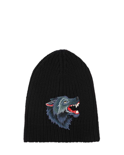 Gucci Black Wolf Patch Wool Knit Beanie for men