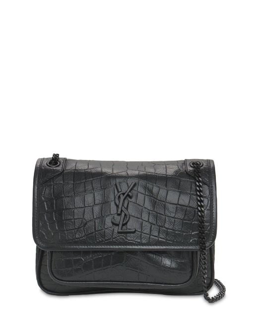 Saint Laurent Gray Baby Niki Croc Embossed Leather Bag