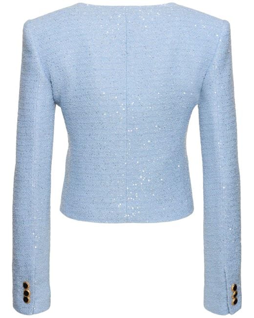 Alessandra Rich Blue Sequined Tweed Square Neck Jacket
