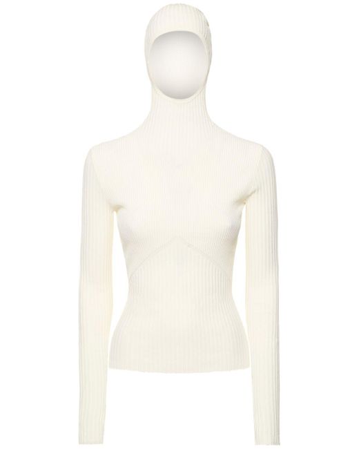 ANDREADAMO White Ribbed Knit Viscose Blend Hooded Top
