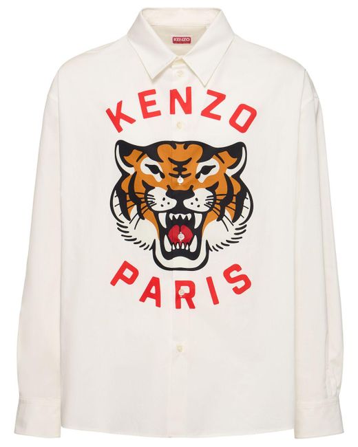 KENZO White Tiger Print Cotton Poplin Shirt for men
