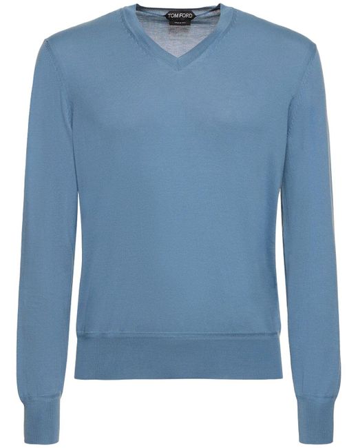 Tom Ford Blue Superfine Cotton V Neck Sweater for men