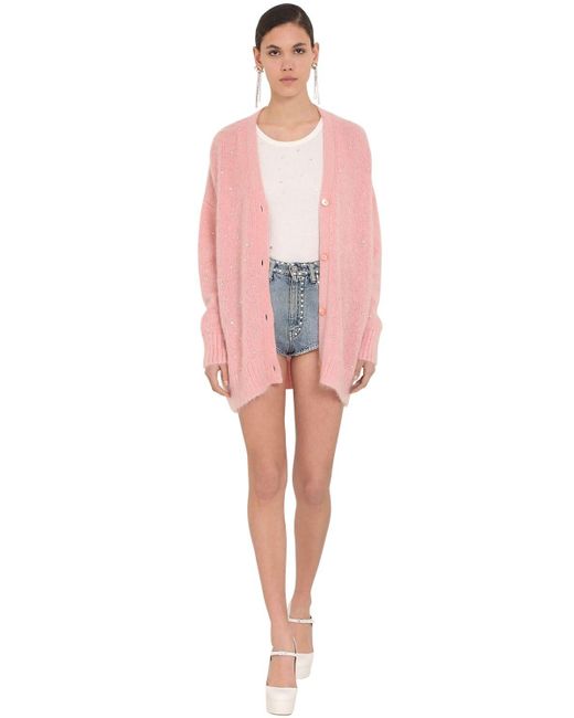 Miu Miu Pink Oversize Mohair Knit Cardigan W/crystals