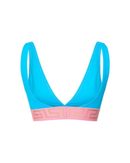 Versace Blue Greca Logo Triangle Bikini Top