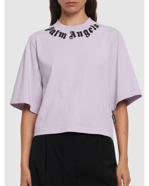 Palm Angels Pink Neck Logo Cropped Cotton T-shirt