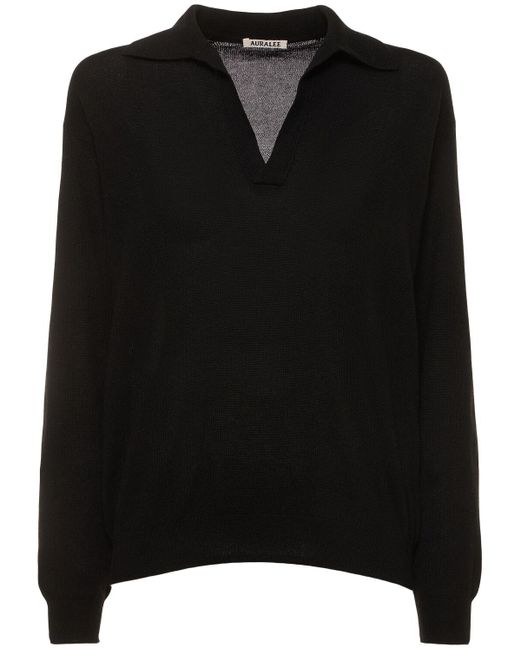 Suéter polo de punto de cashmere y seda Auralee de color Black