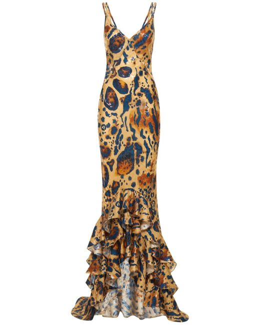 Roberto Cavalli Metallic Silk Blend Lurex Animalier Long Dress