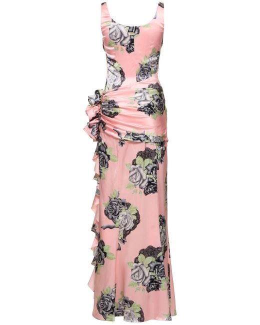 Alessandra Rich Pink Rose Print Silk Satin Evening Dress