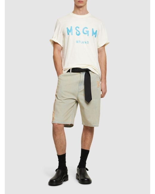 MSGM White Distressed Cotton Denim Shorts for men