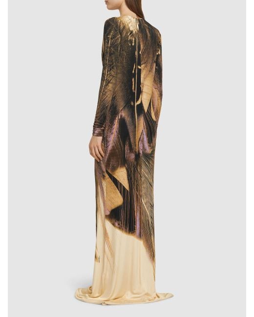 Roberto Cavalli Metallic Printed Stretch Jersey Long Dress W/knot