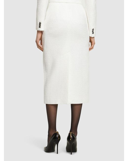 Alessandra Rich White High Waisted Tweed Bouclé Midi Skirt