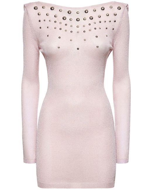 Alessandra Rich Pink Open Back Lurex Knit Mini Dress W/Hotfix