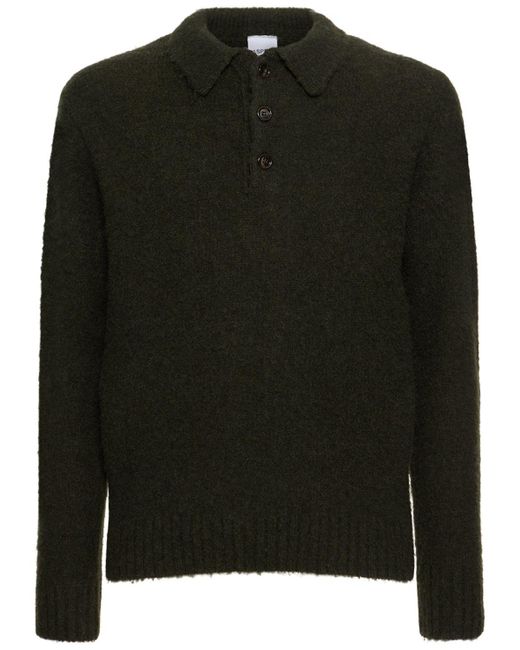メンズ Aspesi ブラッシュドシェットランドウールニット長袖ポロシャツ Black