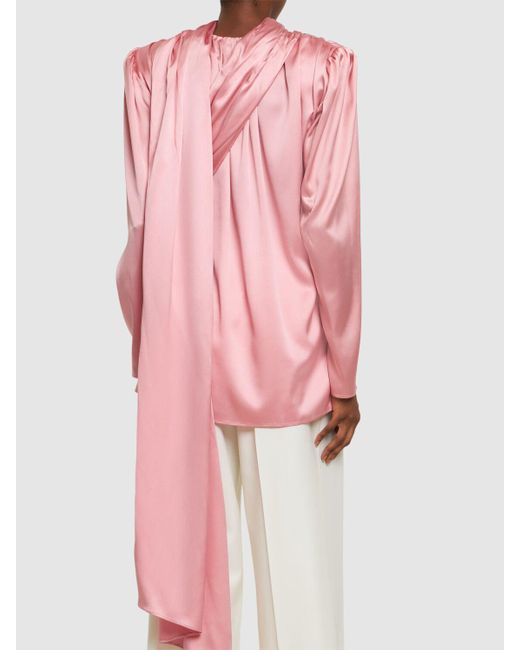 Haut manches longues en satin de soie drapée Magda Butrym en coloris Pink