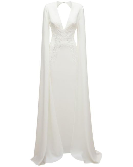 Elie Saab White Long Sleeve Crepe Mermaid Dress