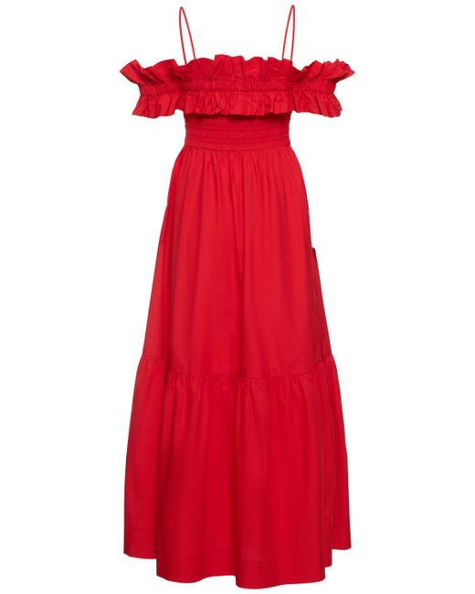Ganni Red Langes Kleid Aus Baumwollpopeline
