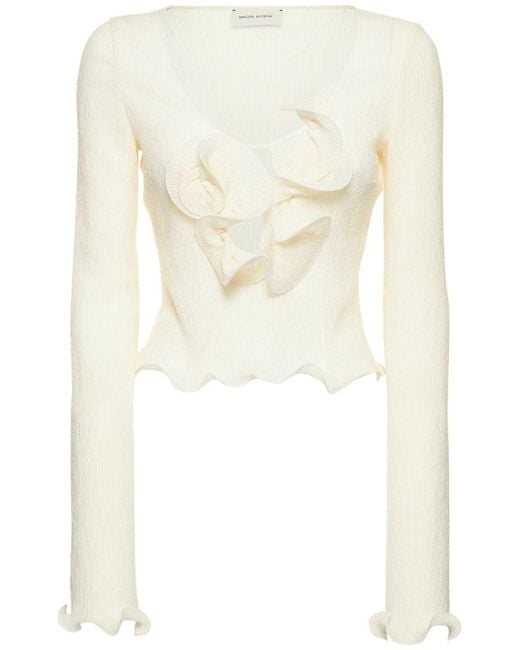 Magda Butrym White Shirred Knit Flower Crop Top