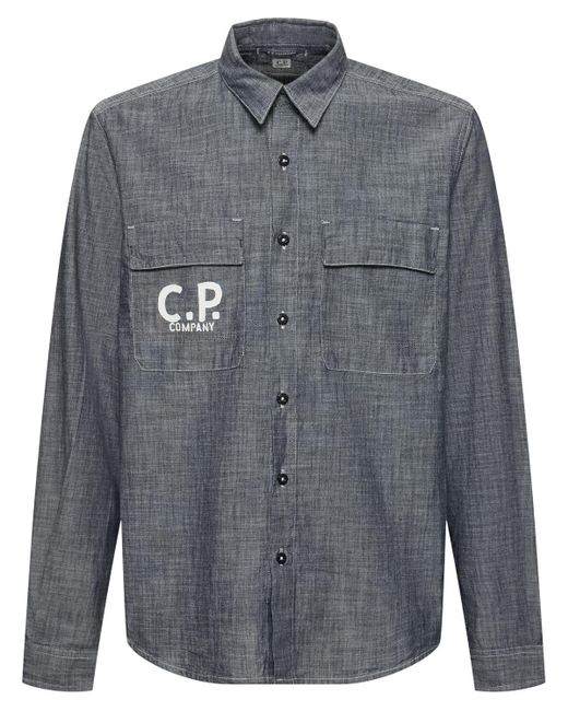 C P Company Gray Chambray Long Sleeved Logo Shirt for men