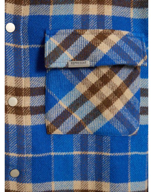Represent Blue Checked Flannel Shirt W/ Logo Embroidery for men