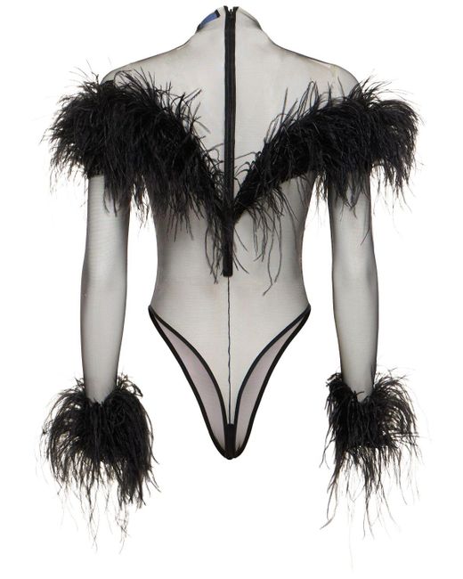 Mugler Black Langärmeliger Body Aus Tüll Und Federn