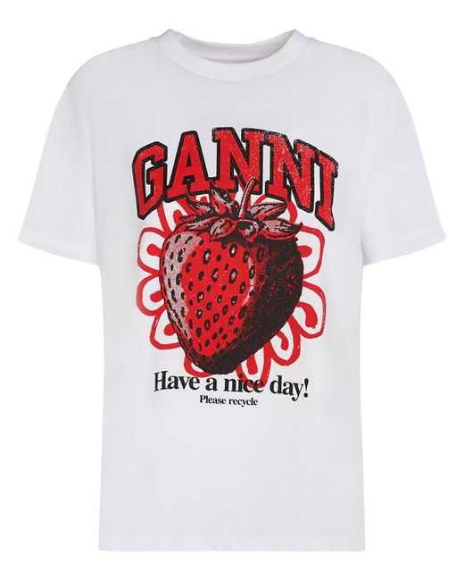 Ganni White T-Shirt mit Erdbeer-Print