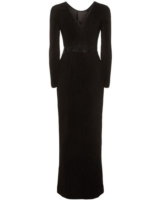 Robe longue en jersey plissé vertical Giorgio Armani en coloris Black