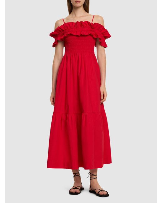 Ganni Red Smocked Cotton Poplin Long Dress