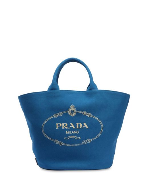 Prada Blue Logo Printed Cotton Canvas Tote Bag
