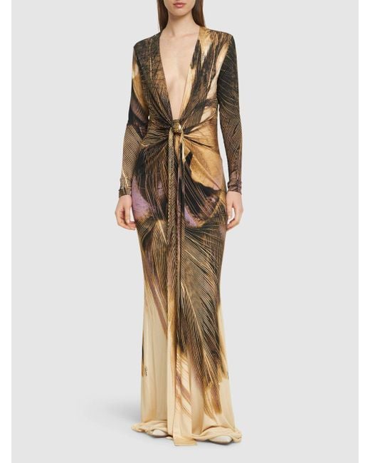 Roberto Cavalli Metallic Printed Stretch Jersey Long Dress W/knot