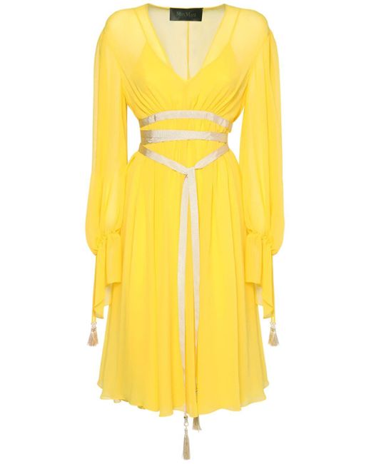 Max Mara Silk Georgette Dress W/ Front Ribbon in Yellow | Lyst