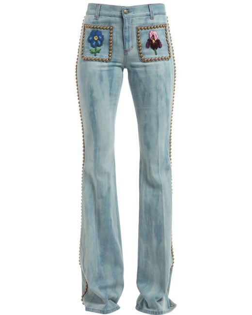 Gucci Blue Studded & Embroidered Flair Denim Jeans