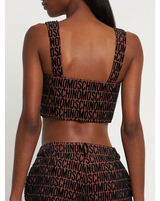 Moschino Brown Logo Velvet Corset Crop Top