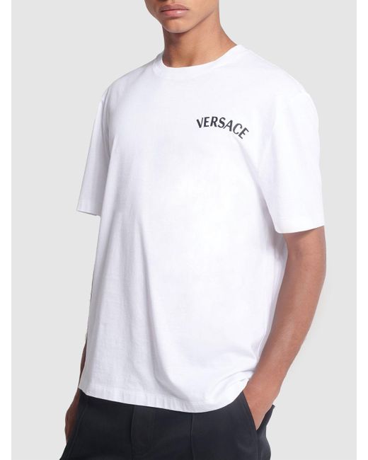 Versace White Logo Embroidery Cotton T-Shirt for men