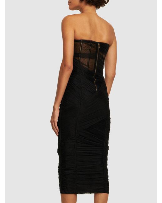 Dolce & Gabbana Black Draped Tulle Strapless Midi Corset Dress
