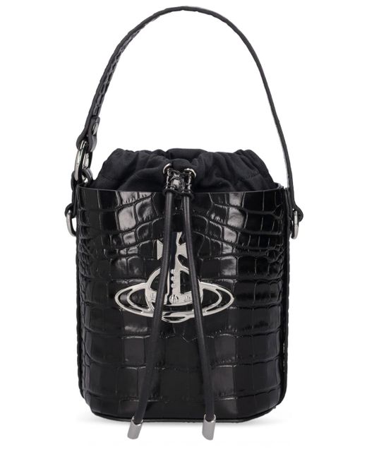 Vivienne Westwood Black Daisy Croc Embossed Leather Bucket Bag
