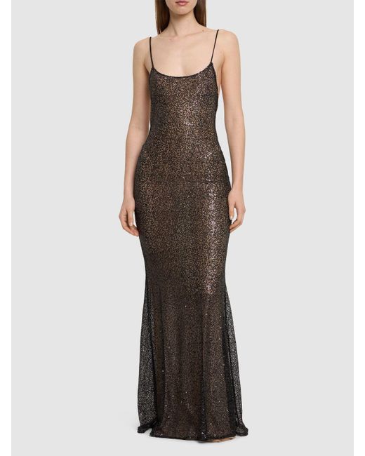 ANDAMANE Brown Ninfea Sequined Mesh Maxi Slip Dress