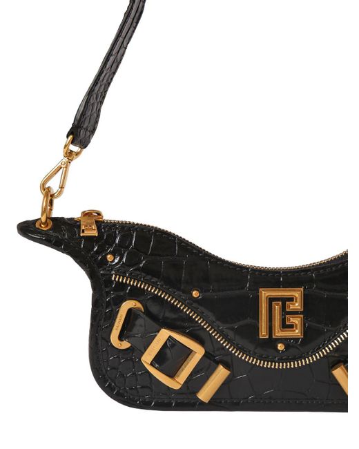 Balmain Black Blaze Croco Embossed Leather Zip Bag