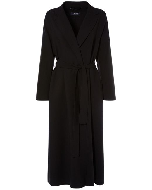 Max Mara Black Ester Wool Crepe Midi Coat W/ Belt