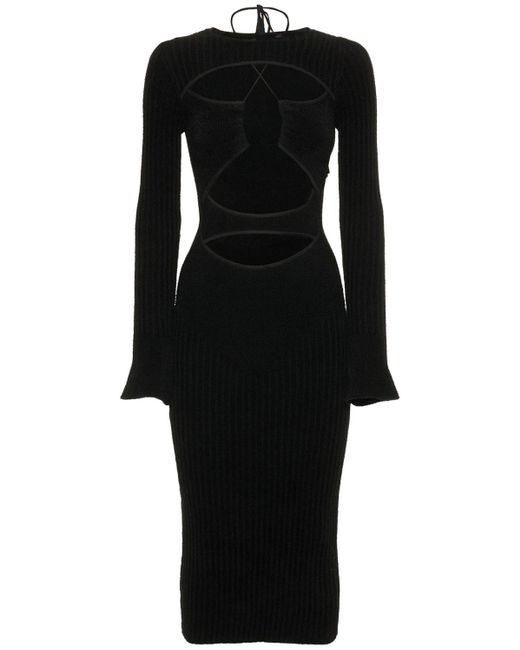 ANDREADAMO Ribbed Knit Velvet Midi Dress W/cut Out in Black | Lyst