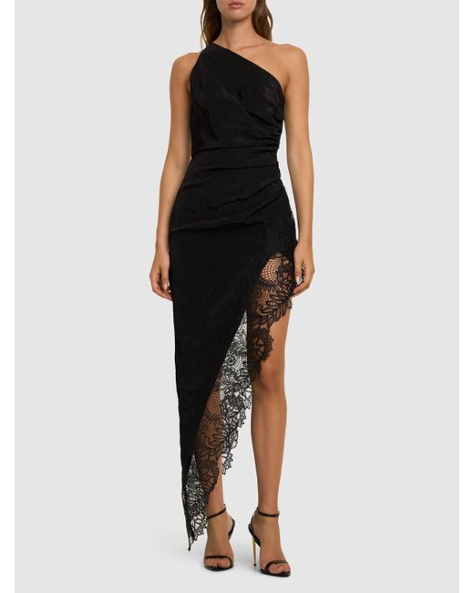 David Koma Black Asymmetric Taffeta & Lace Midi Dress