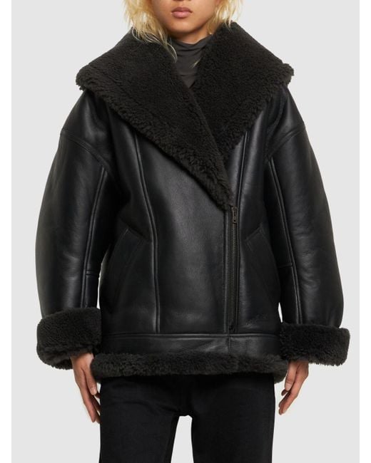 Acne Black Leather Shearing Jacket W/Shawl Collar