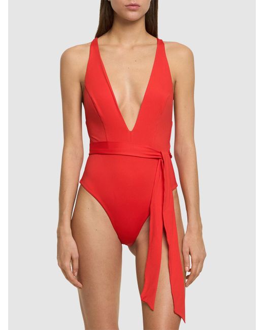 Max Mara Red Cristel Jersey V Neck One Piece Swimsuit