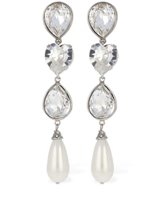Alessandra Rich White Crystal Earrings W/ Faux Pearl Pendants