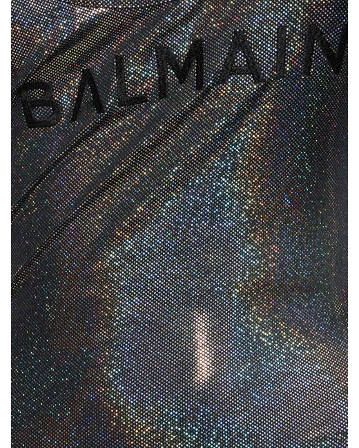 Balmain Gray Iridescent Logo Print Belted Swimsuit