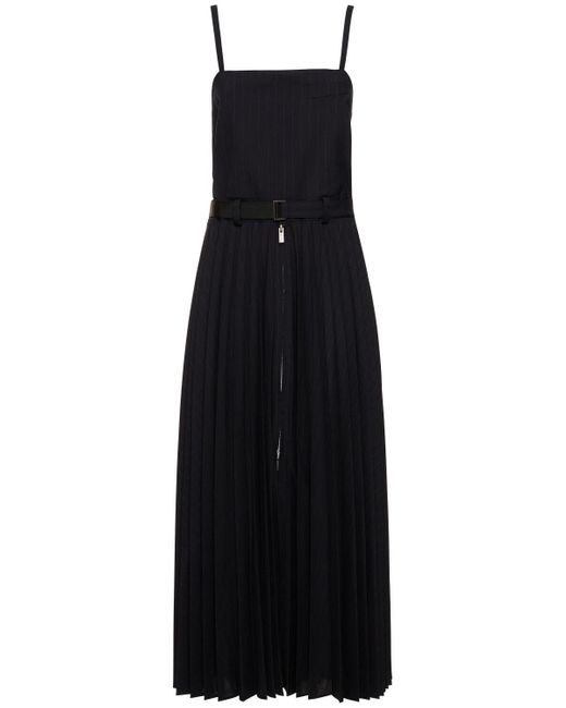 Sacai Black Chalk Striped Plissé Belted Long Dress