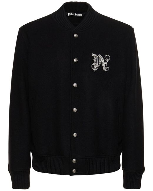 Palm Angels Black Monogram Wool Blend Varsity Jacket for men