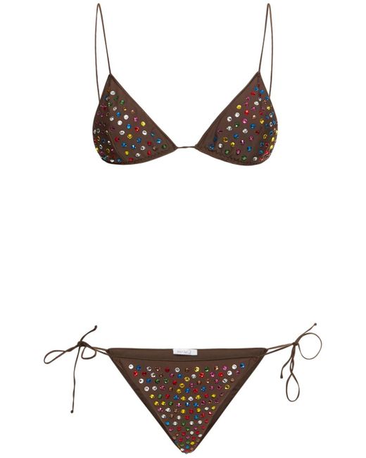 Oseree Brown Embellished Gem Triangle Bikini Set