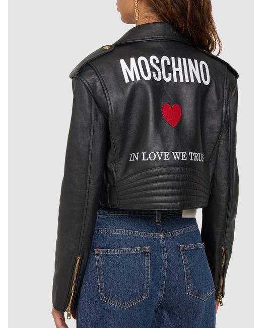 Moschino Black Belted Leather Cropped Logo Jacket