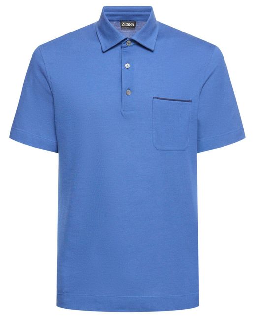 Zegna Blue Cotton Piquet Short Sleeve Polo for men